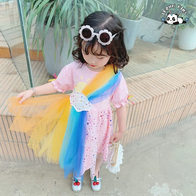 LEZONKIDS - 2023 New Summer Rainbow Clouds Rainbow Colors Stars Mesh Dress  Girl Dresses For Kids